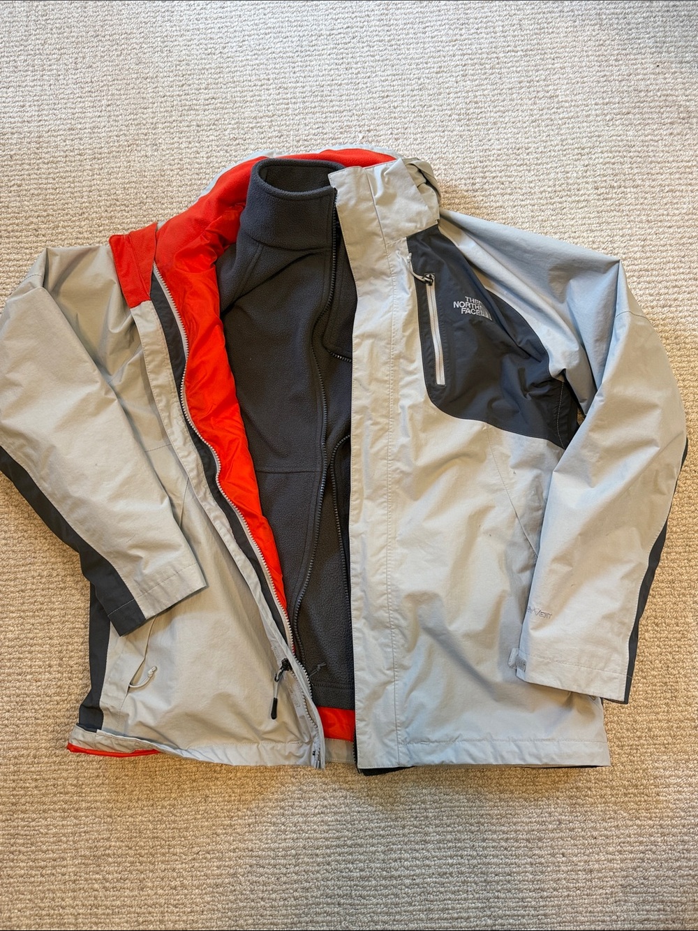 The North Face Men's 3-in-1 Gray Coat with Orange Lining and fleeced interior